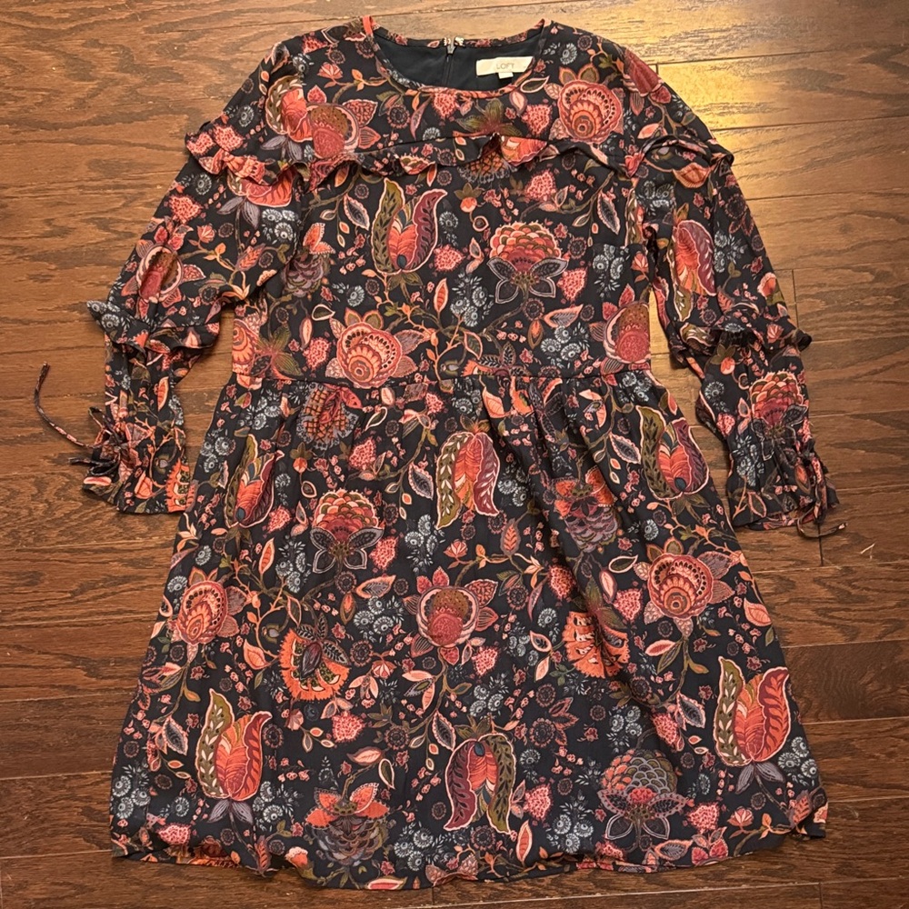 LOFT Women's Long Sleeve Dress - Red and Blue Floral